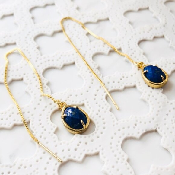 Natural Lapis Lazuli Oval Egg Shape Threader Delicate Gold Earrings - Picture 3 of 5